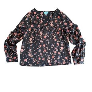 CeCe Black and Pink Floral Blouse